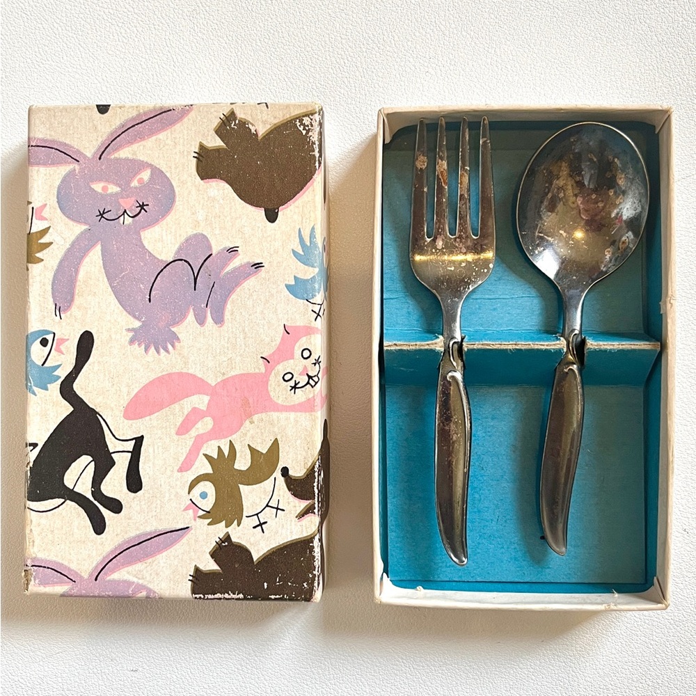 Vintage Child’s Flatware Set Silver Plate Fork Spoon WM Rogers Baby Gift Box 50s